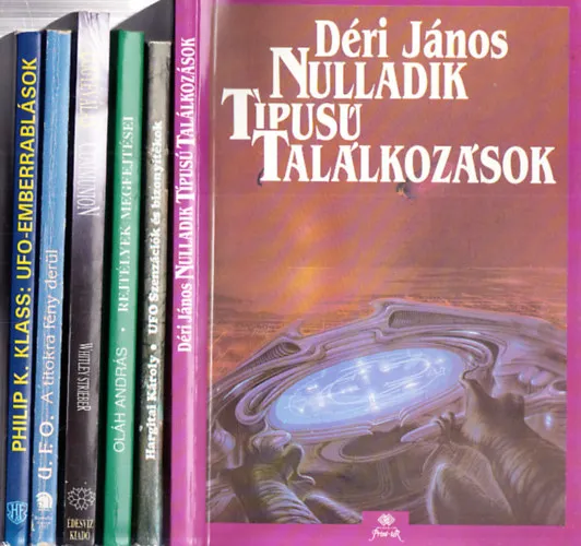 6db. UFO témájú könyv: Nulladik típusú találkozások + UFO - Szenzációk és bizonyítékok + UFO - Rejtélyek megfejtései + Eggyéválás + U.F.O. - Amikor a titokra fény derül + UFO emberrablások Újdonság