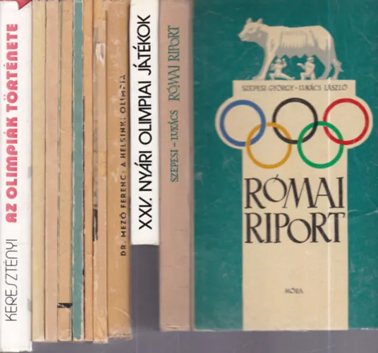 10 db. olimpiás kötet (Római riport + Olimpiai kalauz sportbarátoknak, tévénézőknek + A helsinki olimpia + Ez történt Rómában + München '72: Olimpia előtt az olimpiáról + München '72. + Ez történt Mexikóban + A Képes Sport jelent Biztonságos fizetés