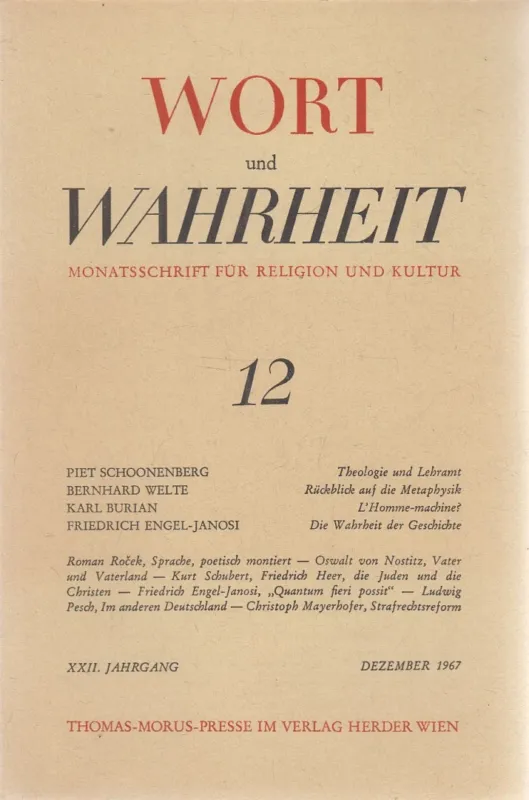 Wort und Wahrheit Heft 12 Dezember 1967 Végkiárusítás