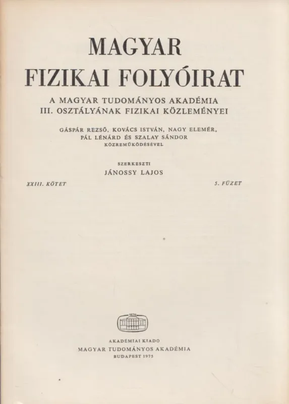 Magyar fizikai folyóirat XXIII. kötet 5. füzet Árcsökkenés
