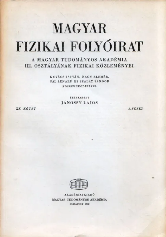 Olcsóbb Magyar fizikai folyóirat XX. kötet 3. füzet